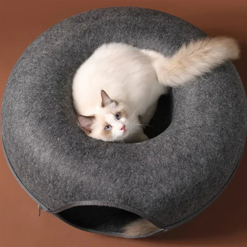 Felt Donut Cat Bed with Tunnel & Hideaway