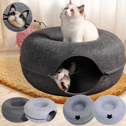 Felt Donut Cat Bed with Tunnel & Hideaway