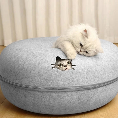 Felt Donut Cat Bed with Tunnel & Hideaway